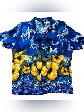 Sunsations Casuals Men's XL Hawaiian Shirt 100% Rayon Yellow Hibiscus Palm Tree